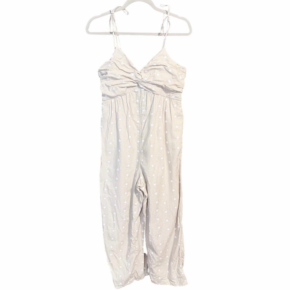 Old navy tan jumpsuit white polka dots empire waist medium linen blend pockets